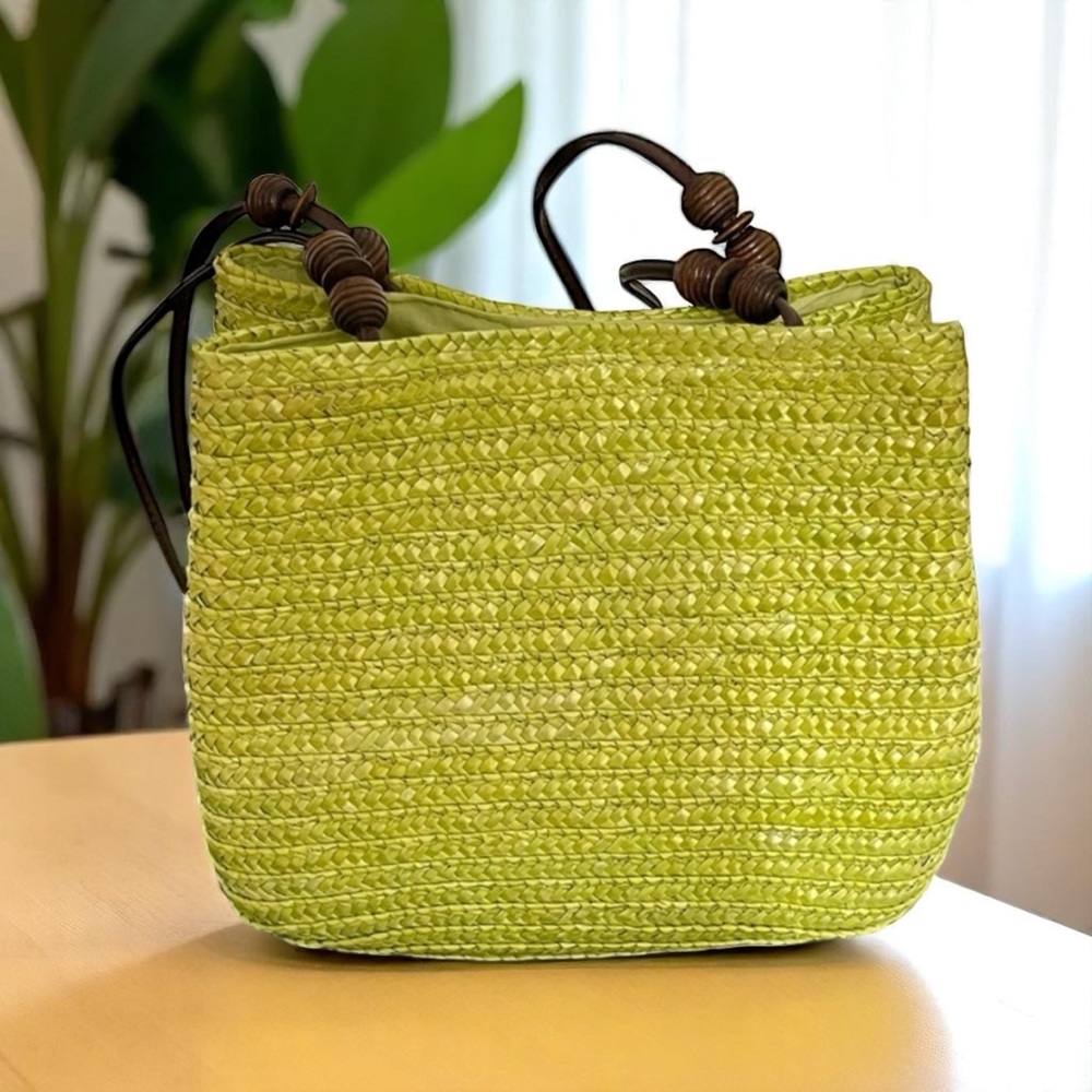 Handwoven Lime Green Purse with Leather Shoulder Handles and Decorative Knobs